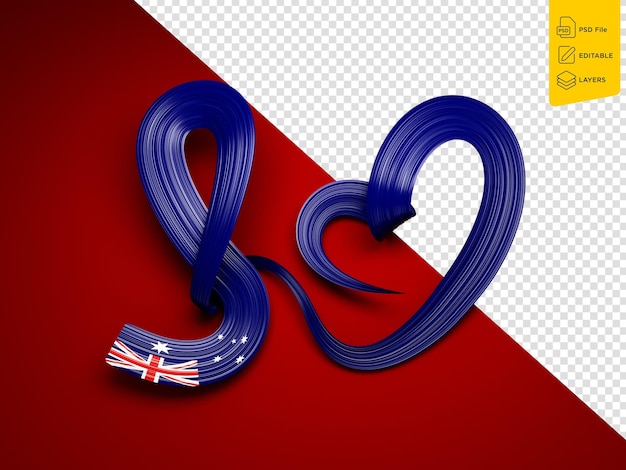 PSD le symbole de l'amour de l'australie, le cœur, la sensibilisation au drapeau, l'icône du ruban sur fond rouge, l'illustration 3d