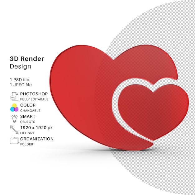 Symbole d'amour Fichier PSD de modélisation 3D brillant Icône d'amour réaliste