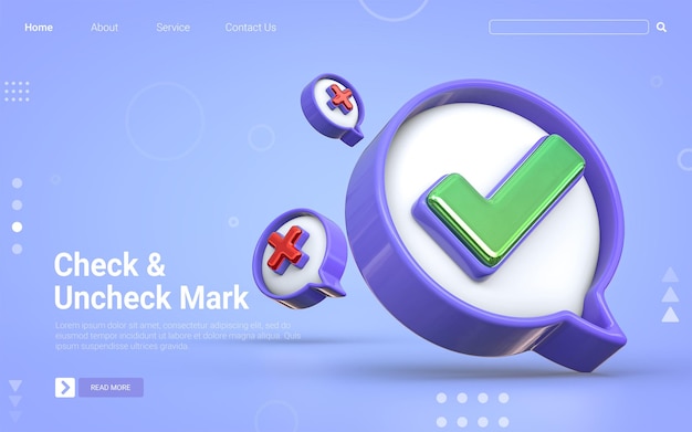 Symbole für Ja und Nein Häkchen auf blauem Hintergrund 3D-Rendering Konzept Web-Banner-Vorlage