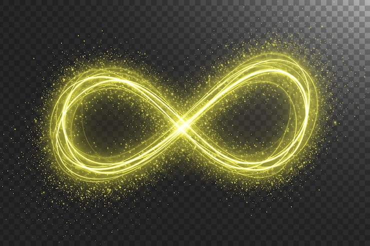 PSD symbole d'infini brillant avec des traînées de lumière et des effets de particules isolés sur un fond transparent
