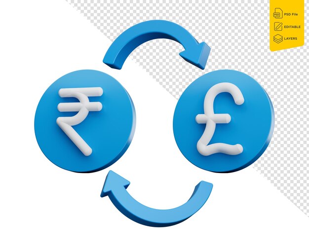 PSD le symbole de la roupie blanche et de la livre sur des icônes bleues arrondies avec des flèches d'échange d'argent illustration 3d