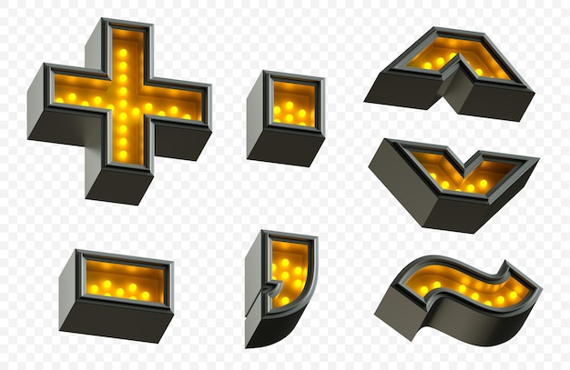 PSD symboles de l'alphabet néon lumineux avec lumière jaune fluorescente isolé