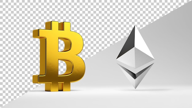 Symboles Bitcoin et Ethereum isolés dans le rendu 3D