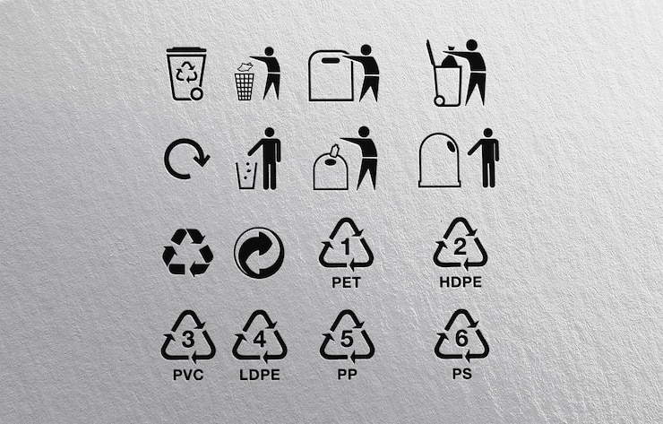 PSD symbolset mit verpackungs-icons, vektor-kollektion mit logos und zeichen für pakete