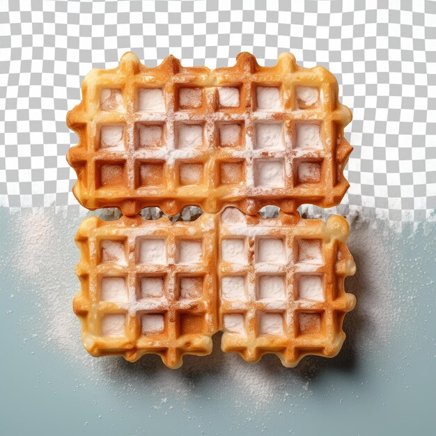 Symmetric pattern of two waffles with powdered sugar on transparent background