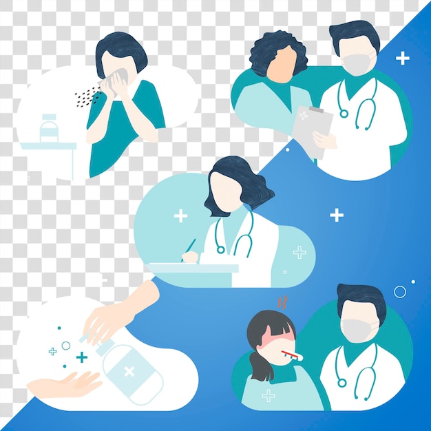 Les symptômes du virus et les caractères de soins de santé sont un ensemble d'éléments png transparents
