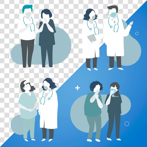 Les symptômes du virus et les caractères de soins de santé sont un ensemble d'éléments png transparents
