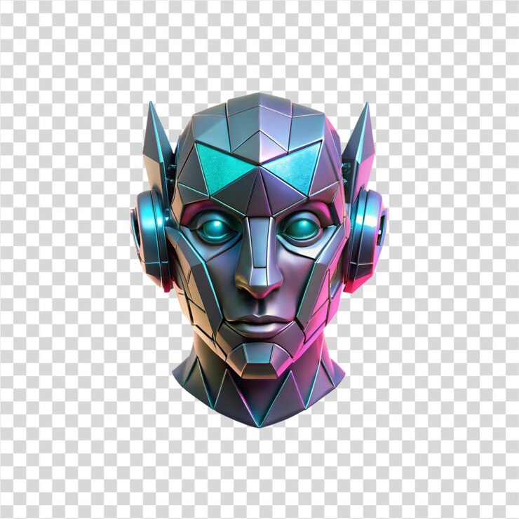 PSD synthwave robot head inteligencia artificial futurista estética del cyberpunk diseño geométrico