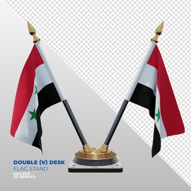 PSD syrien realistischer 3d-texturierter doppeltisch-flaggenständer für die komposition