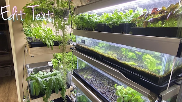 Système de jardinage hydroponique en intérieur avec diverses feuilles vertes et herbes poussant sur plusieurs niveaux sous des lumières artificielles