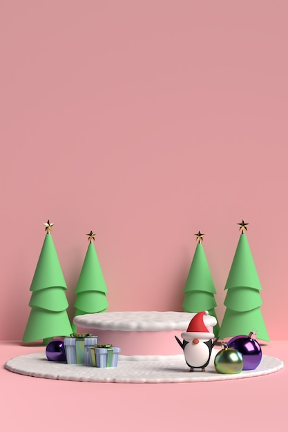 Szene des Weihnachtspodestes mit Geschenkbox und Pinguin auf rosa Hintergrund im 3D-Rendering