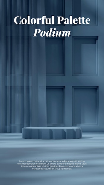 Szenenmodell blaues Podium im Hochformat mit monochromem blauem Vorhang und 3D-Rendering der Wand