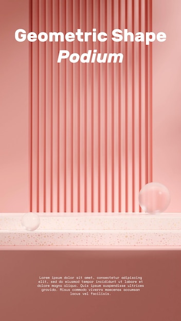 Szenenvorlage Rosa Terrazzo-Podium in Hochformat Glaskugel und rosa strukturierte Wand 3D-Render