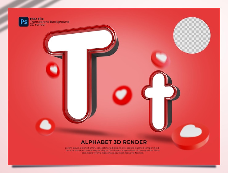 PSD t alfabeto 3d render color rojo con elementos