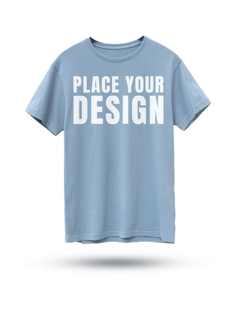 T-shirt azul com as palavras PLACE YOUR DESIGN na frente