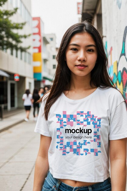 T-Shirt bianco Mockup Girl Tee Showcase Template Unisex Mockup di branding estetico