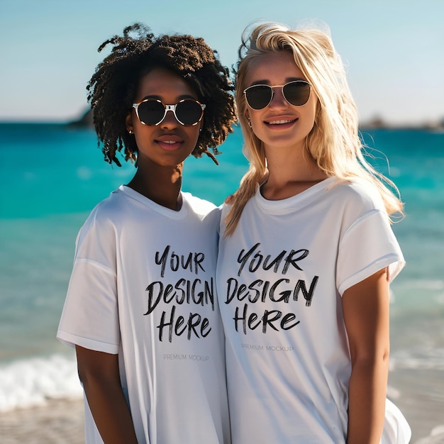 PSD t-shirt branco com duas jovens lésbicas casal gay feliz na praia
