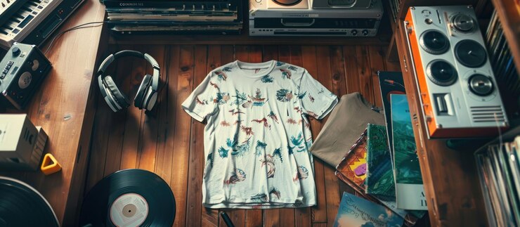PSD t-shirt branco com estampa floral em superfície de madeira com fones de ouvido estéreo vintage e discos de vinil