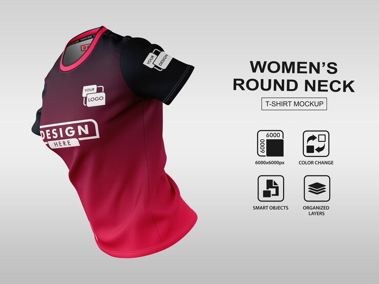 PSD t-shirt à col rond pour femmes maquette demi-vue de côté avant