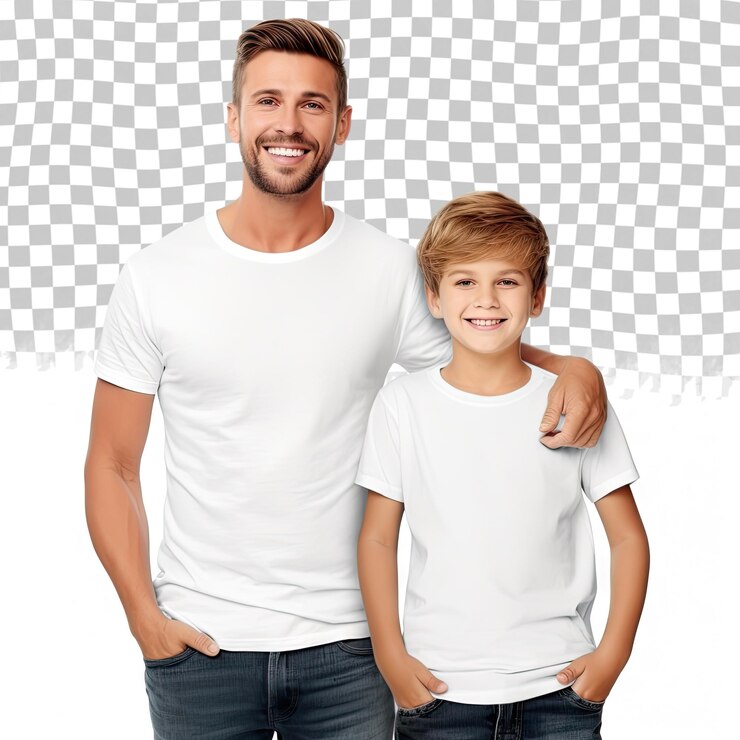 PSD t-shirt design conceito de moda close-up de homem e menino em vazio camisa transparente camisa frente final traseiro isolado mock up para sublimação