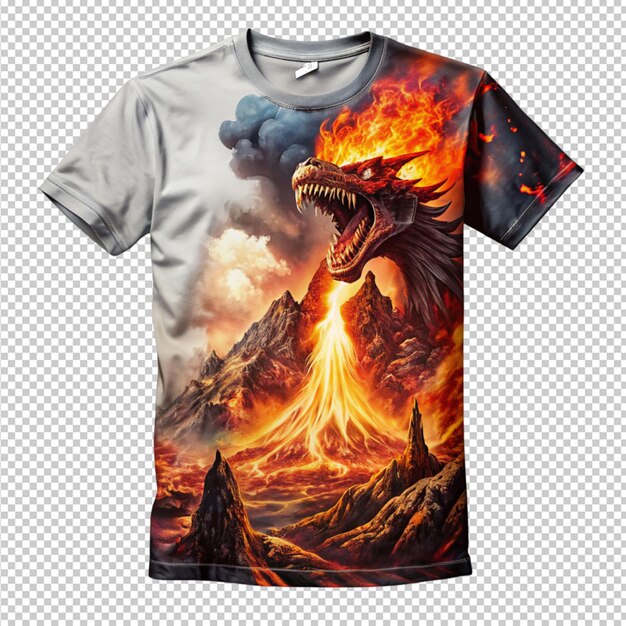PSD t-shirt-design feuriger vulkan und schrecklicher drache auf durchsichtigem hintergrund