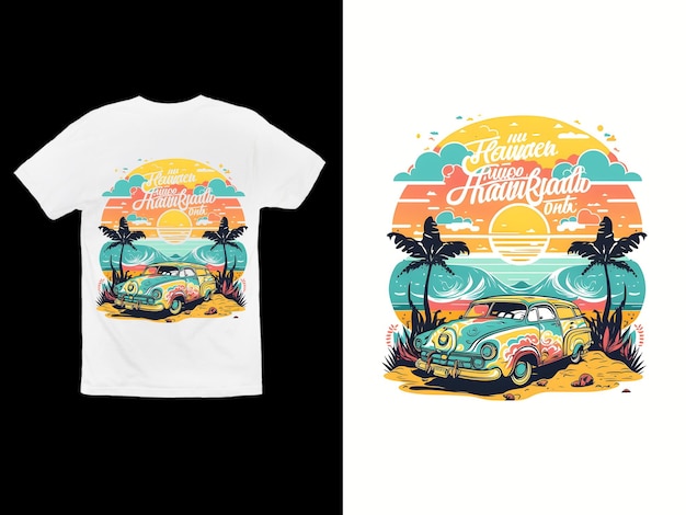 PSD t - shirt design für ein hawaiihemd mit oldtimer und palmen.