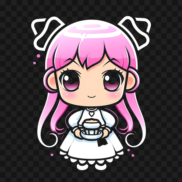 PSD t-shirt design of sweet chibi girl with twin braids maid outfit lace apron neo sticker png não bg