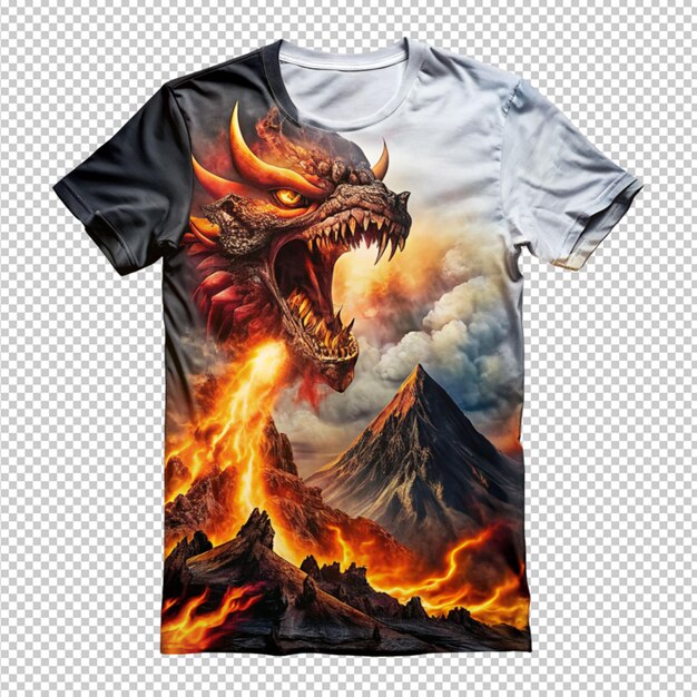 PSD t-shirt design vulcão de fogo e dragão aterrorizante em fundo transparente