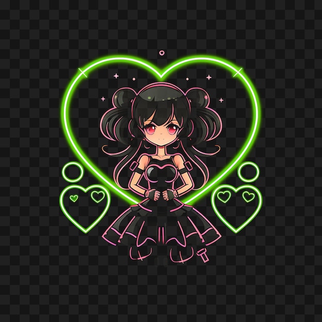 PSD t-shirt dessiné par sweet chibi girl avec des queues jumelles bouclées costume de femme de ménage étiquette lumineuse png non bg