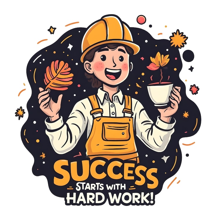 PSD t-shirt el éxito comienza con el trabajo duro una ilustración motivacional con un trabajador de dibujos animados