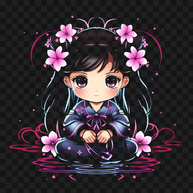 PSD t-shirt de la fille kawaii chibi avec des pains tressés jumeaux autocollant de kimono traditionnel png non bg