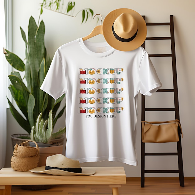 T-Shirt für Mockup-Design-Wandhintergrund mit Zimmerpflanze