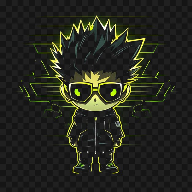 PSD t-shirt avec un garçon chibi cool avec des cheveux épineux une veste en cuir des lunettes de protection roboti sticker png non bg