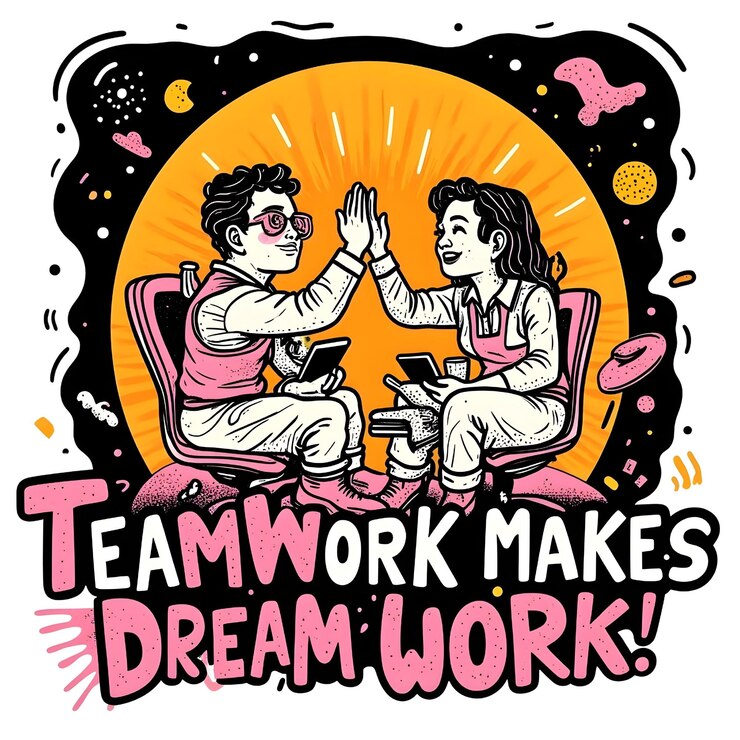 PSD t-shirt il lavoro di squadra fa funzionare i sogni illustrazione di due colleghi che festeggiano il successo e la collaborazione