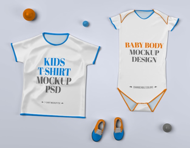 PSD t-shirt isolé et vêtements de corps pour bébé avec maquette de chaussures psd