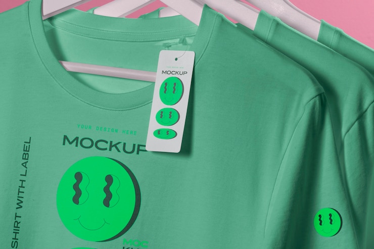 PSD t-shirt mock-up con etichetta appesa su appendiabiti in legno