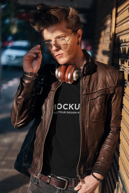 PSD t-shirt mockup homme élégant avec un casque