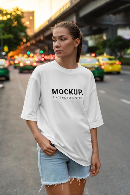 T-Shirt-Mockup-Mädchen-T-Shirt mit ästhetischer Übergröße in der Nähe der Straße