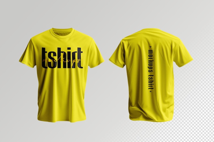 PSD t-shirt mockup personalizado frente amarela e traseiro fundo cinza
