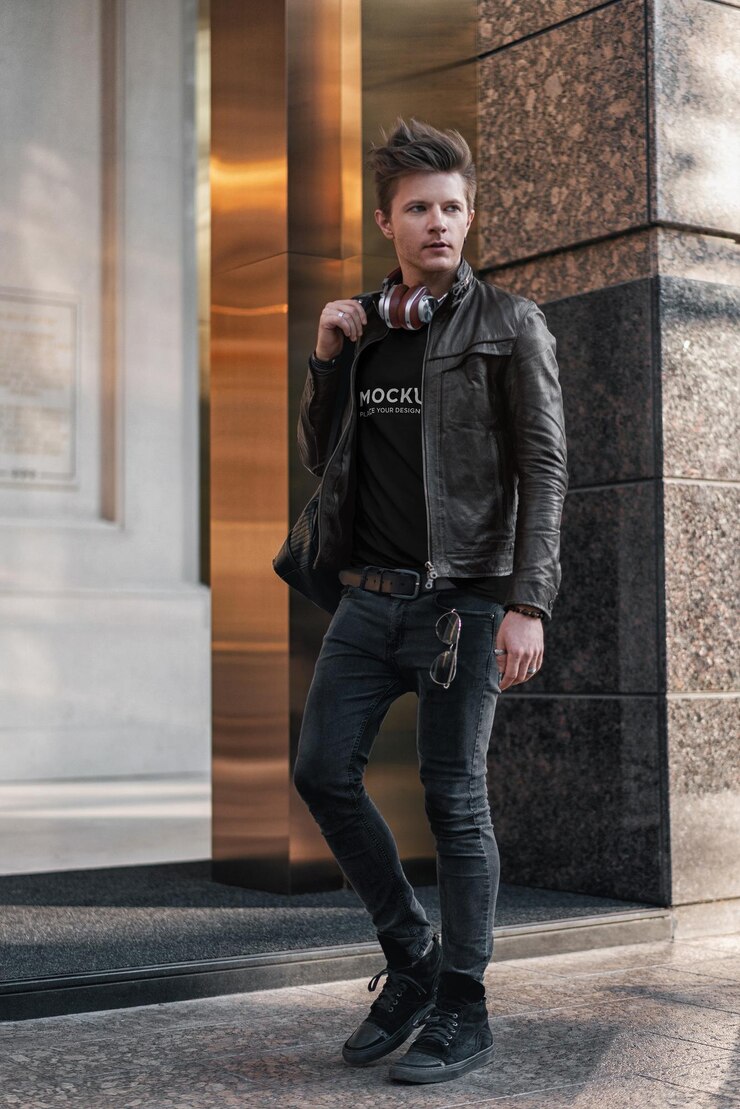 PSD t-shirt mockup uomo alla moda con le cuffie