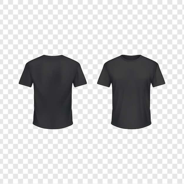 T-shirt nera Viste anteriore e posteriore isolate su sfondo trasparente