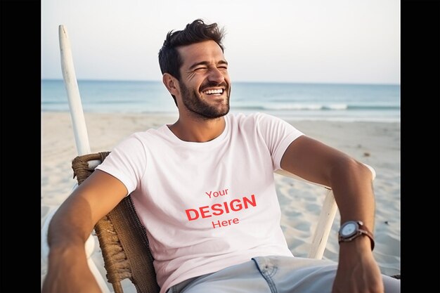 PSD t-shirt psd mockup homme élégant avec chaise sur la plage