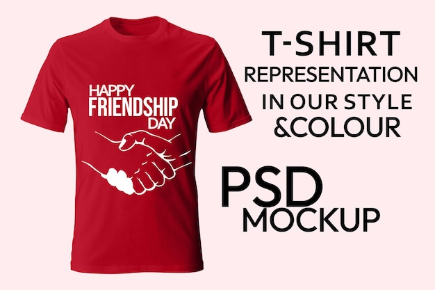 PSD un t-shirt rouge avec les mots t-shirt sur un jour d'amitié heureux