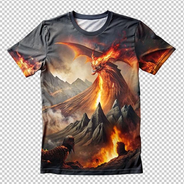 PSD t-shirt terrifiant avec un volcan de dragon sur un fond transparent