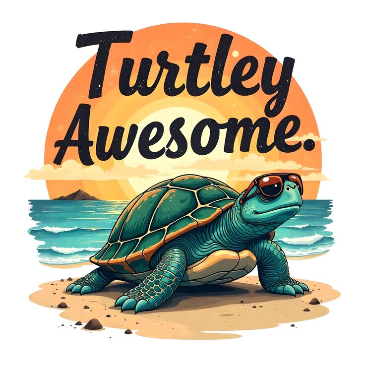 PSD t-shirt turtley awesome una tortuga fresca en la playa al atardecer