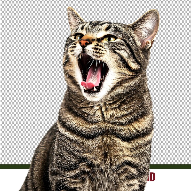 PSD tabby cat yawning closeup retrato com bigodes e língua rosa visível em fundo transparente
