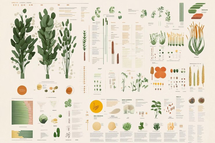 PSD tabla botánica informativa que muestra varias plantas, sus etapas de crecimiento e información nutricional