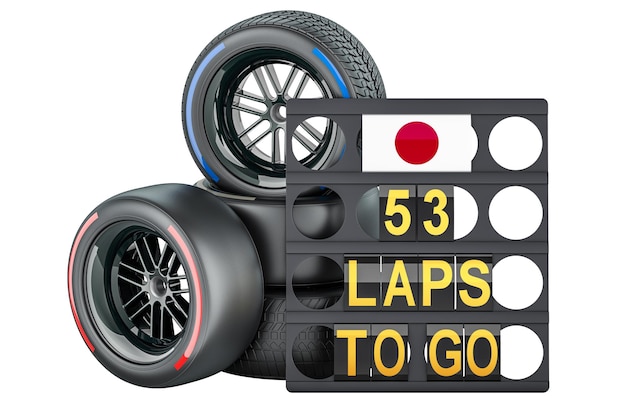 Tabla de boxes de carreras japonesas con bandera de Japón y ruedas de carreras con diferentes compuestos tipo neumáticos renderización 3D aislada en fondo transparente