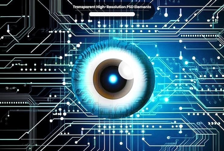 PSD tabla de circuitos binarios tecnología futura concepto de ciberseguridad de ojo azul antecedentes