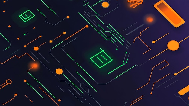 Tabla de circuitos digitales abstracta con líneas y nodos brillantes